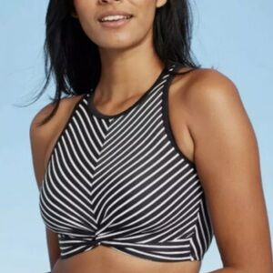 Women's High Neck Twist-Front Bikini Top - Kona Sol - Size L - Black Striped New